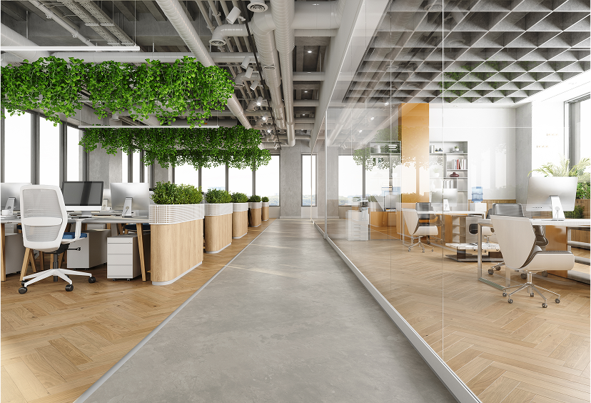 Contemporary office design with plants and desks.