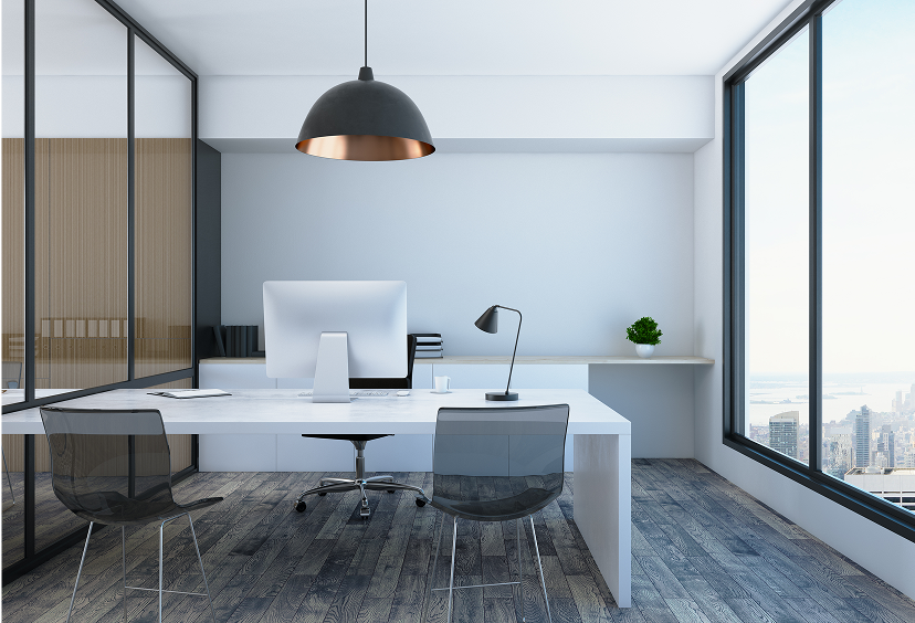 Modern office with large windows