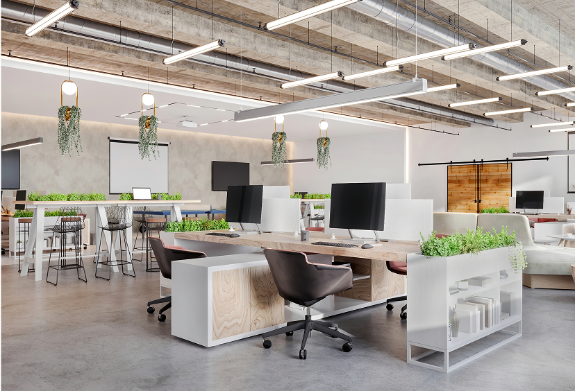 Spacious office with desks and chairs
