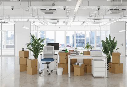 Office space with moving boxes