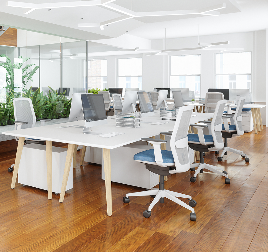 Contemporary workspace featuring wooden floors and plants