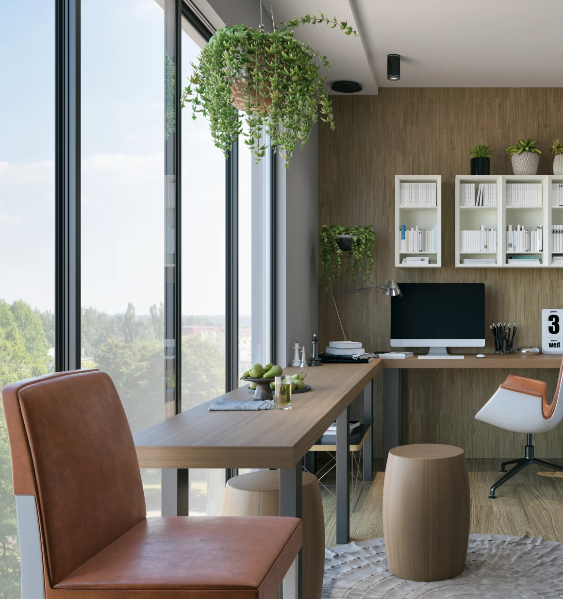 Stylish office with wooden accents
