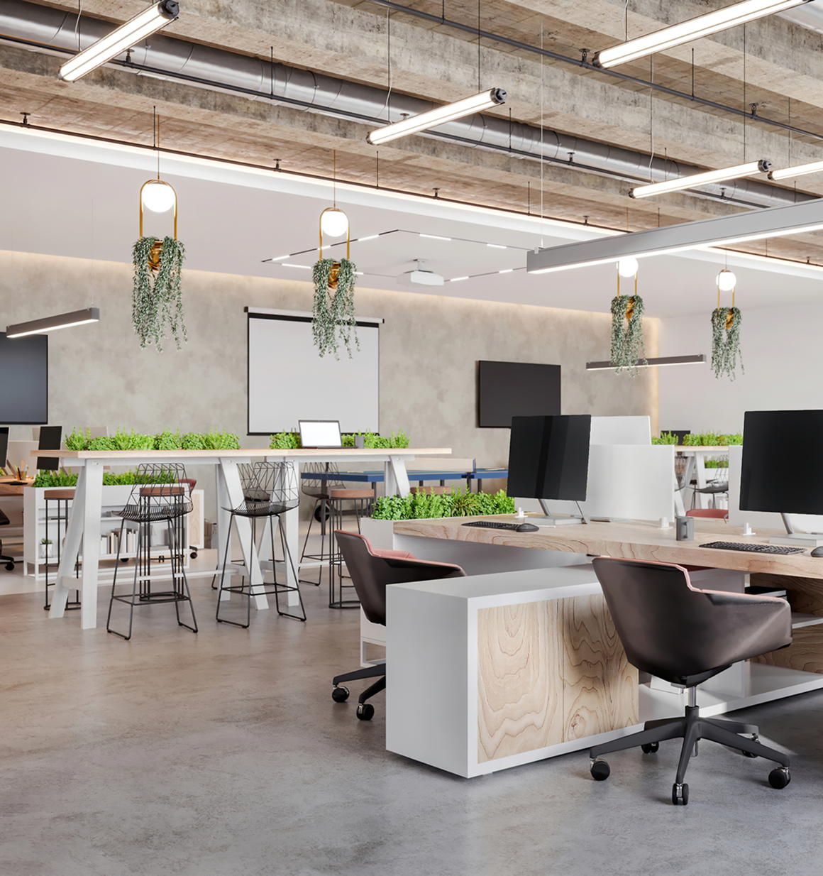 Spacious office with green accents