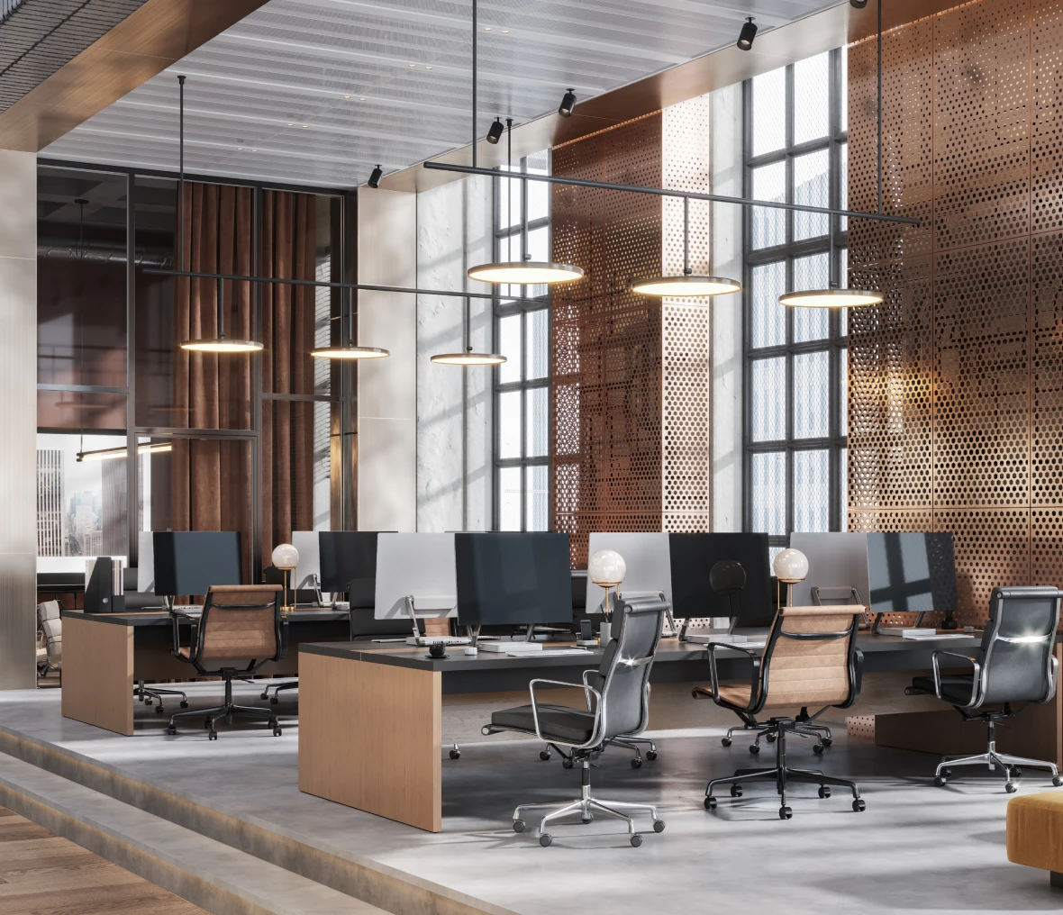 Stylish office interior featuring workstations