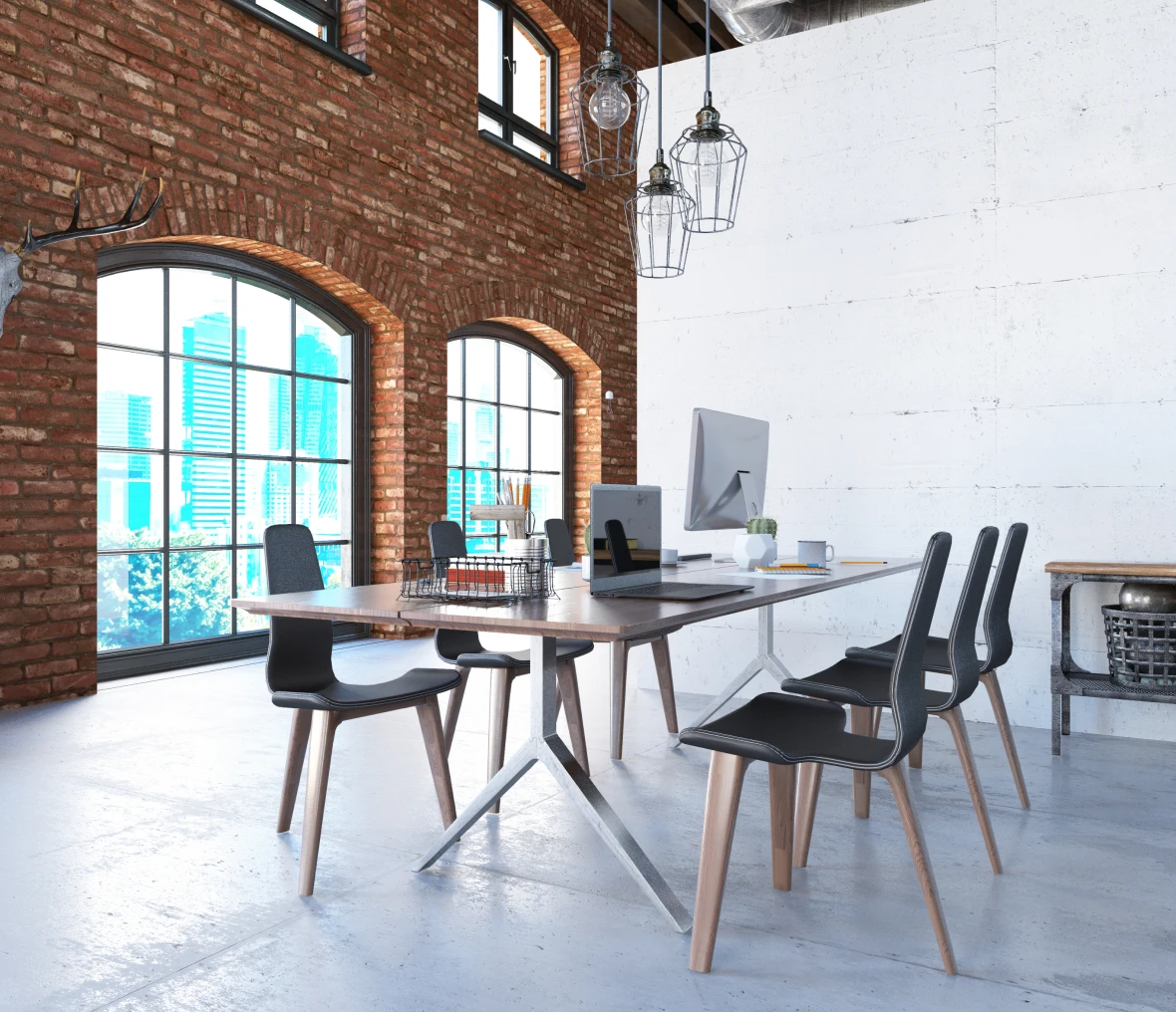 Minimalist office design with wooden table