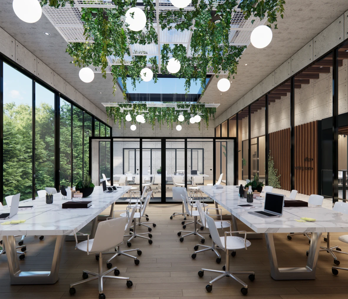 Modern office with plants and natural light